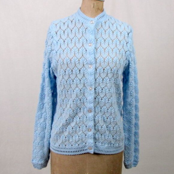 Vintage 70s Blue Sweater Cardigan Lane Bryant Medium Long Rockabilly School Girl - Picture 10 of 10